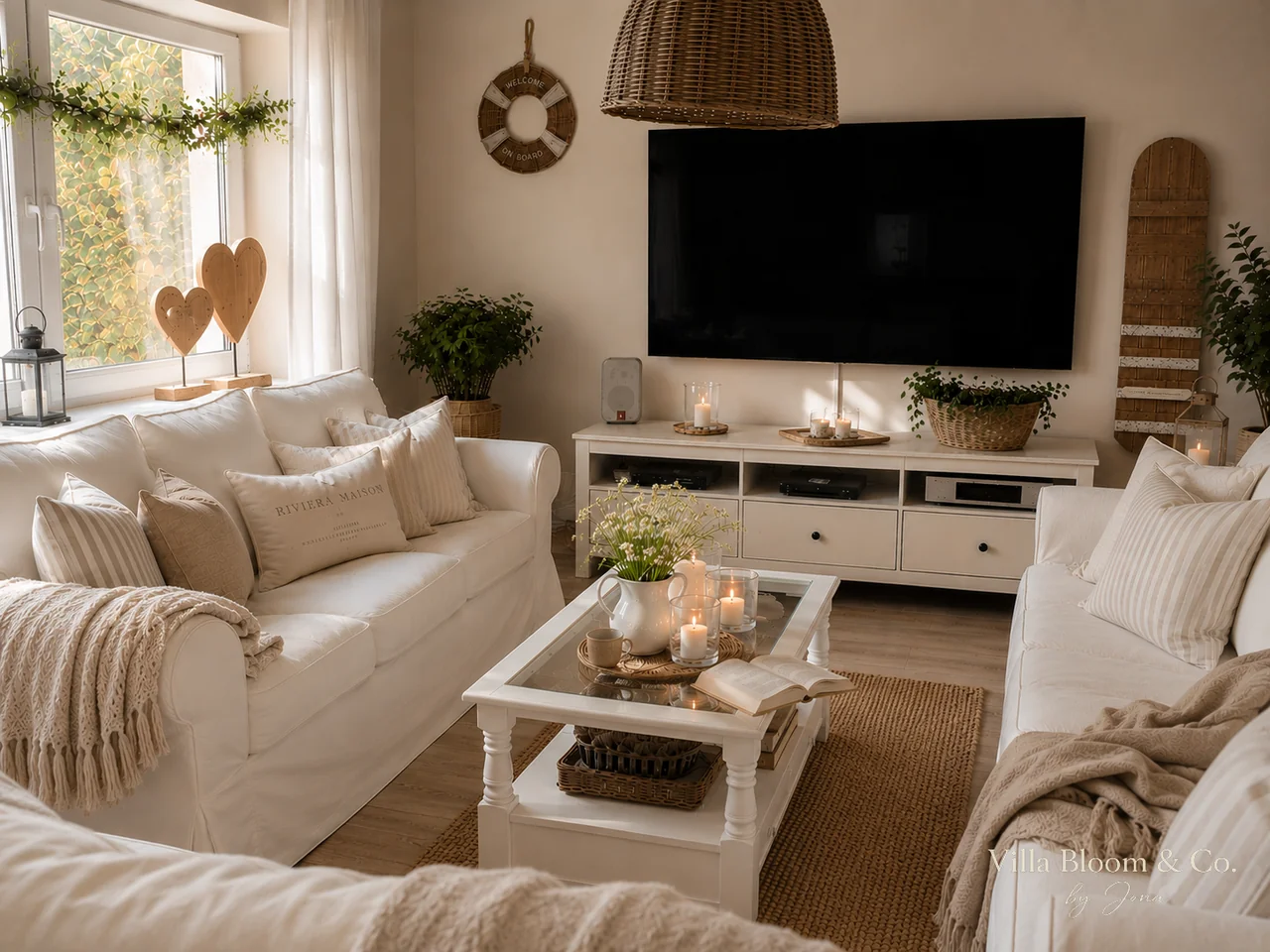 Wohnzimmer mit cremefarbenem Sofa und Kirschblütenzweigen