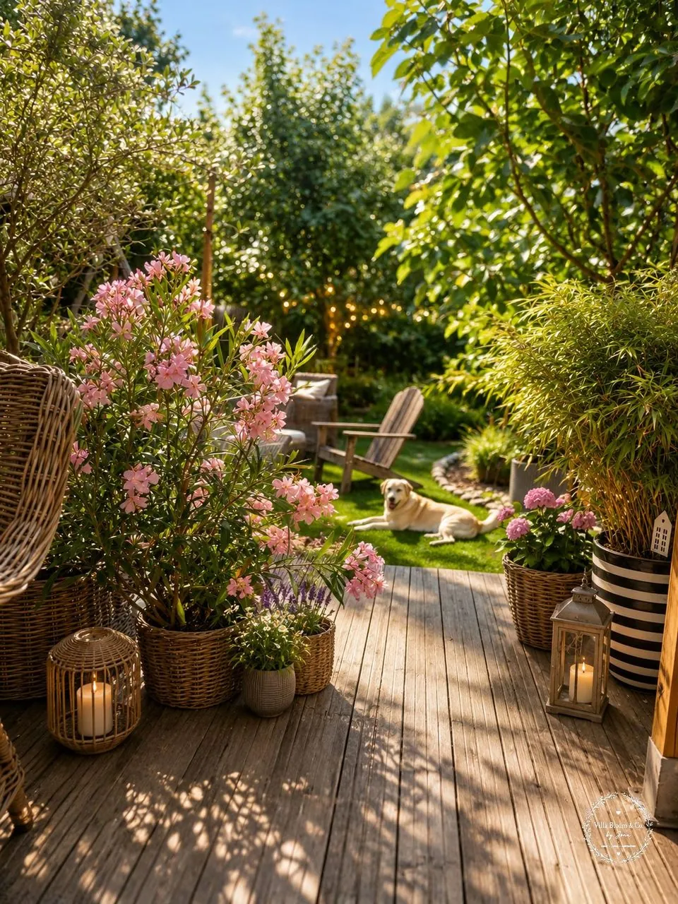 Sonniger Sommer-Gartenplatz mit Holzdeck und Oleander