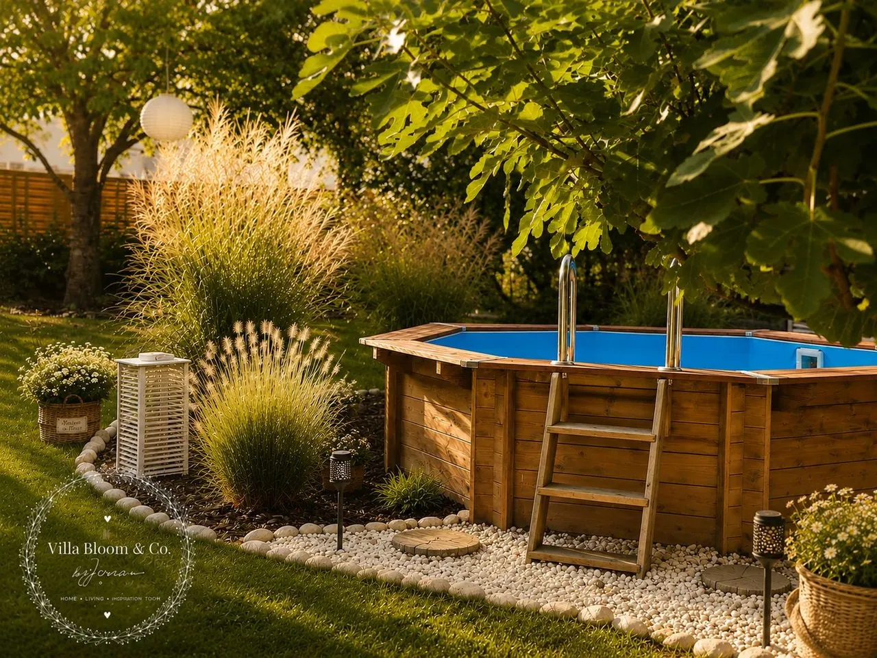 Holzpool im Sommerlicht zwischen Gräsern und Feigenbaum