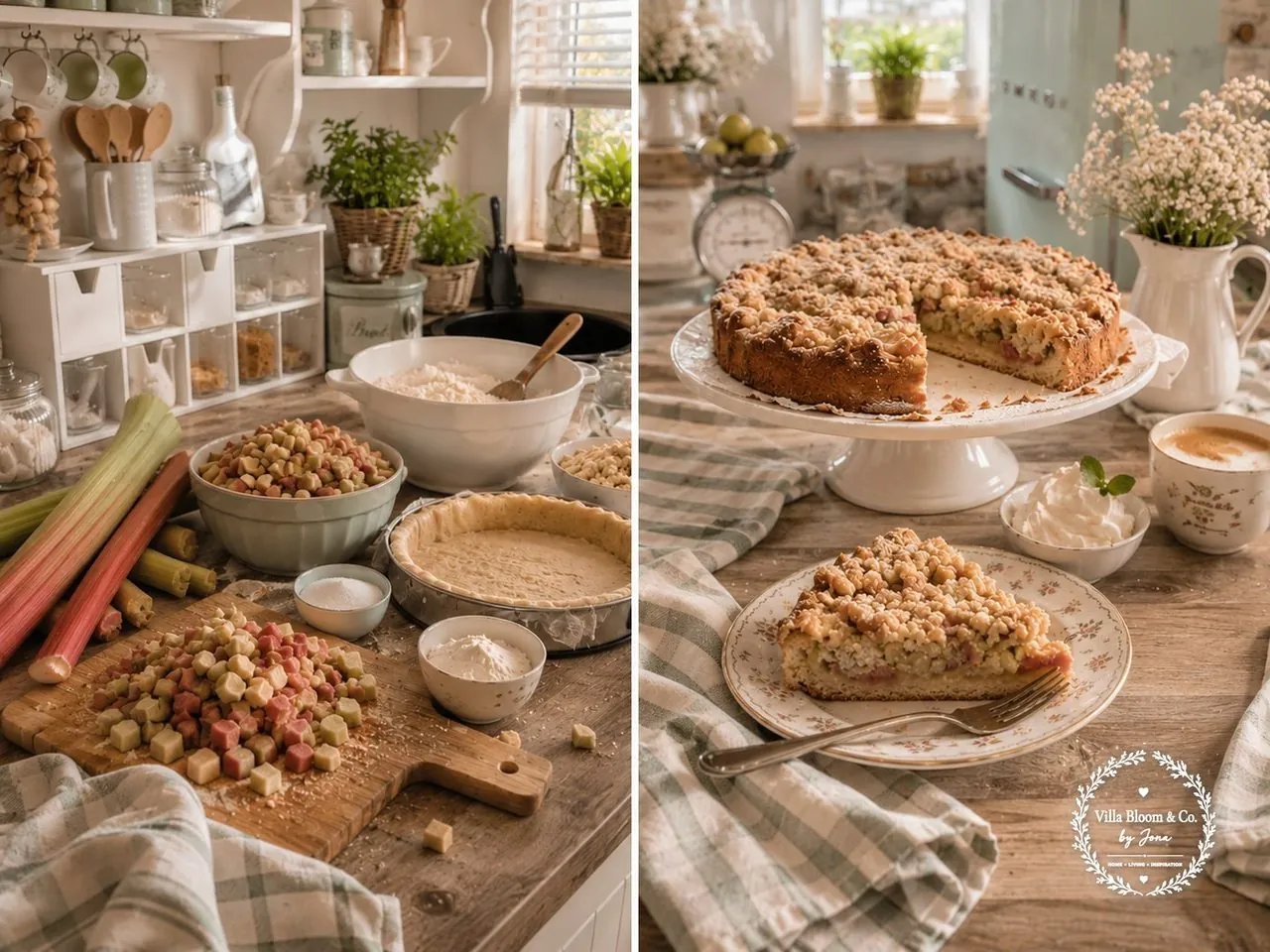 Rhabarber-Streuselkuchen mit Mandeln – Zubereitung und fertiger Kuchen auf Tortenplatte