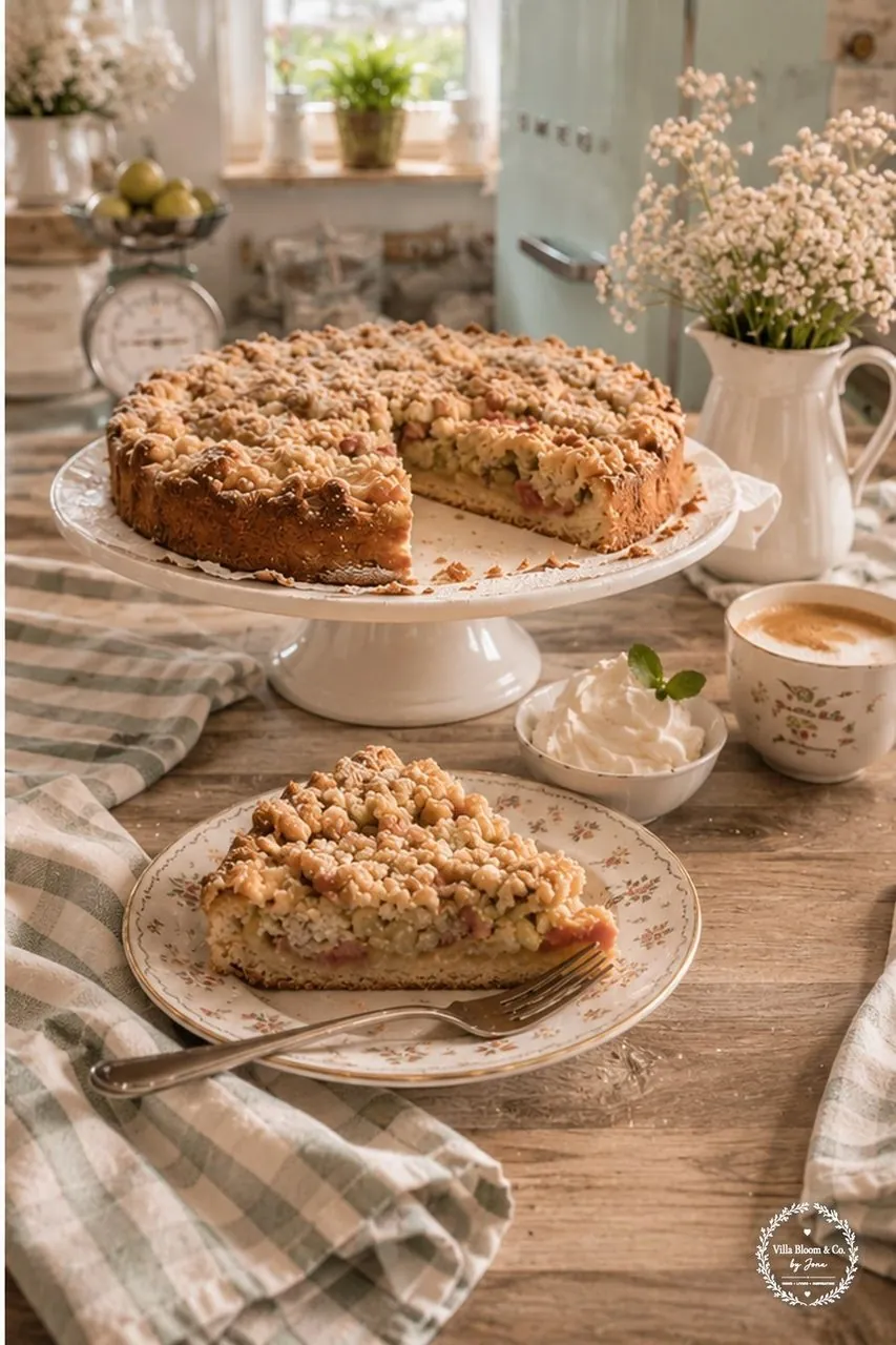 Rhabarber-Streuselkuchen serviert auf vintage Blumenteller mit Schlagsahne und Kaffee