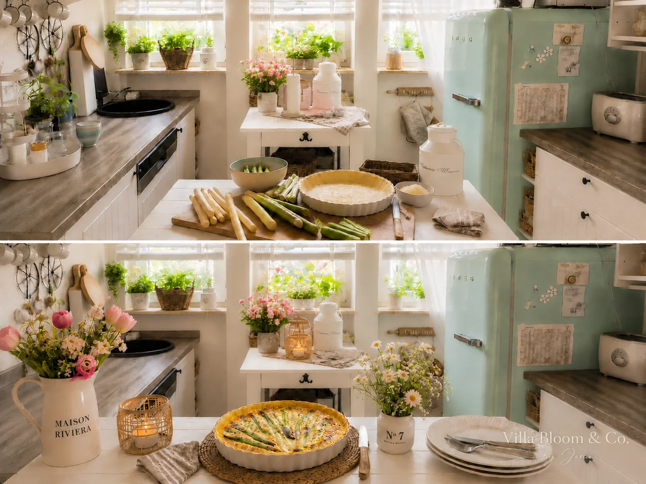 Spargel-Quiche mit Kräutern – Zubereitung und fertige Quiche in der Landhausküche