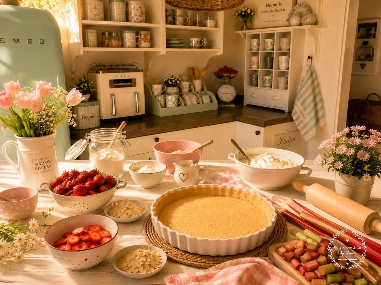 Frühlingsküche mit Mürbteig in der Tarteform, Erdbeeren, Rhabarber, Mandelblättchen und Vanille-Creme bereit zur Verarbeitung