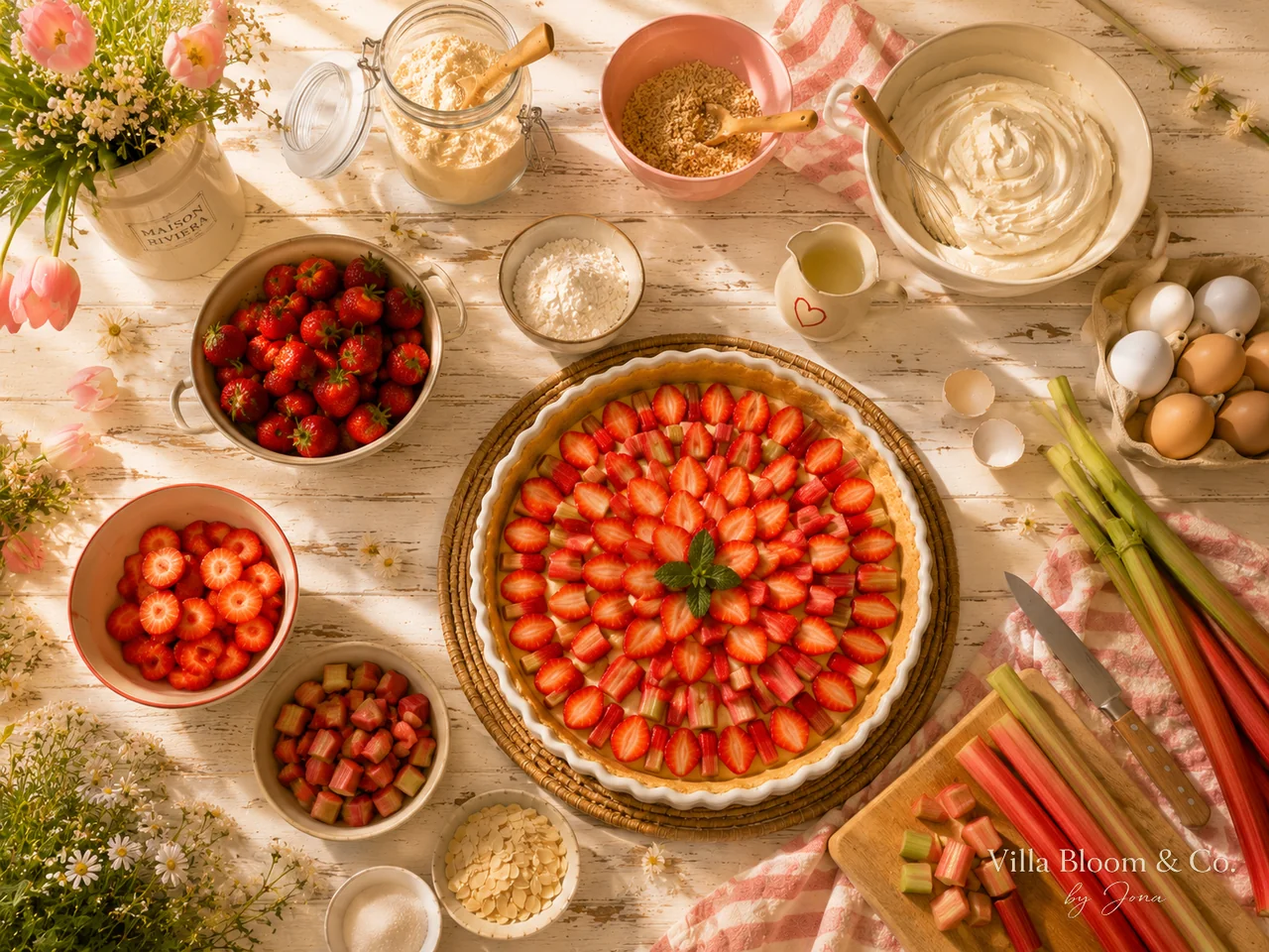 Fertige Erdbeer-Rhabarber-Tarte von oben mit kreisförmig angeordneten Erdbeeren und Rhabarber, Minze in der Mitte