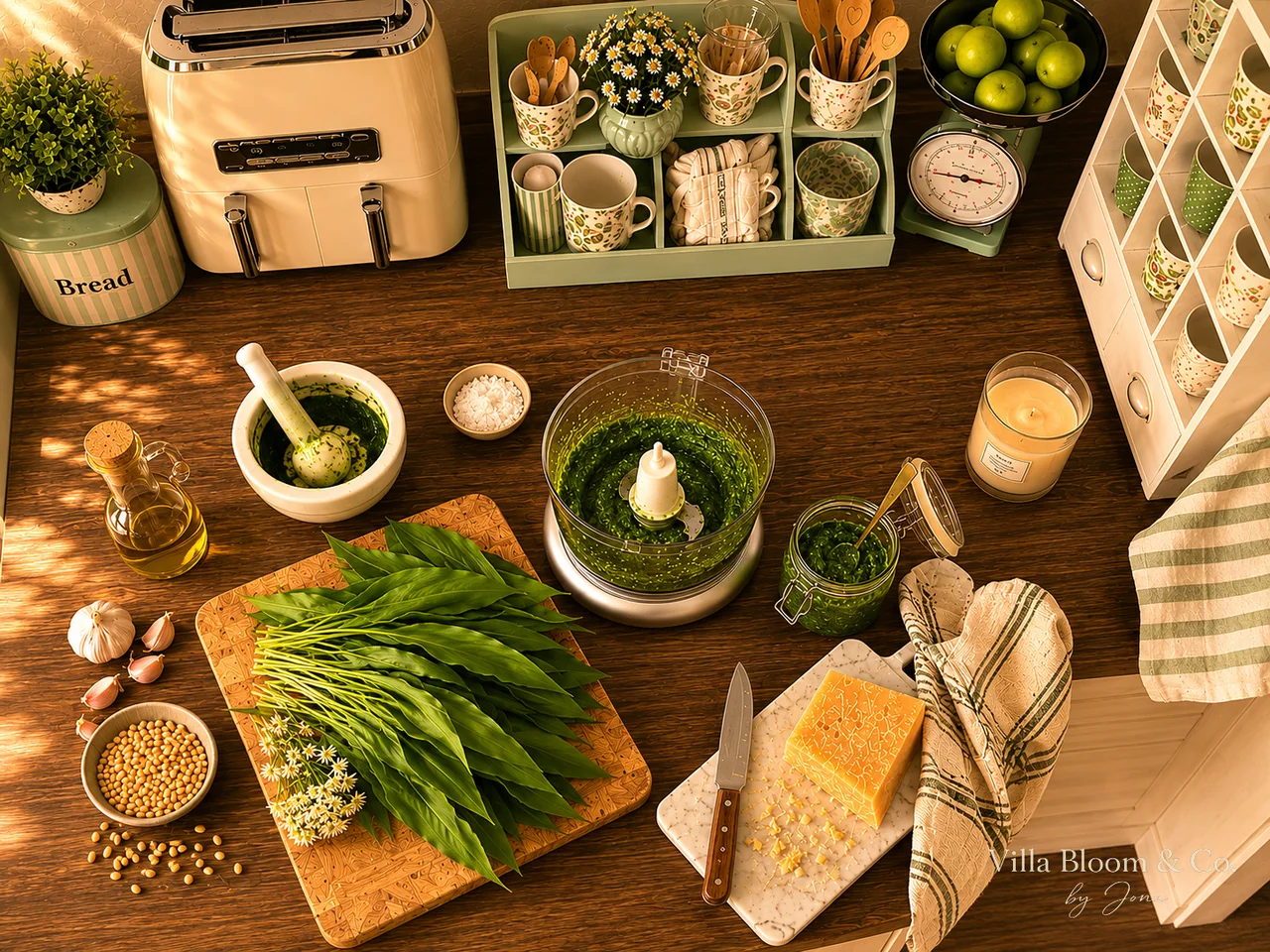 Aufsicht auf die Bärlauch-Pesto-Zubereitung mit Mörser, Food Processor, Pinienkernen, Parmesan, Knoblauch und Olivenöl