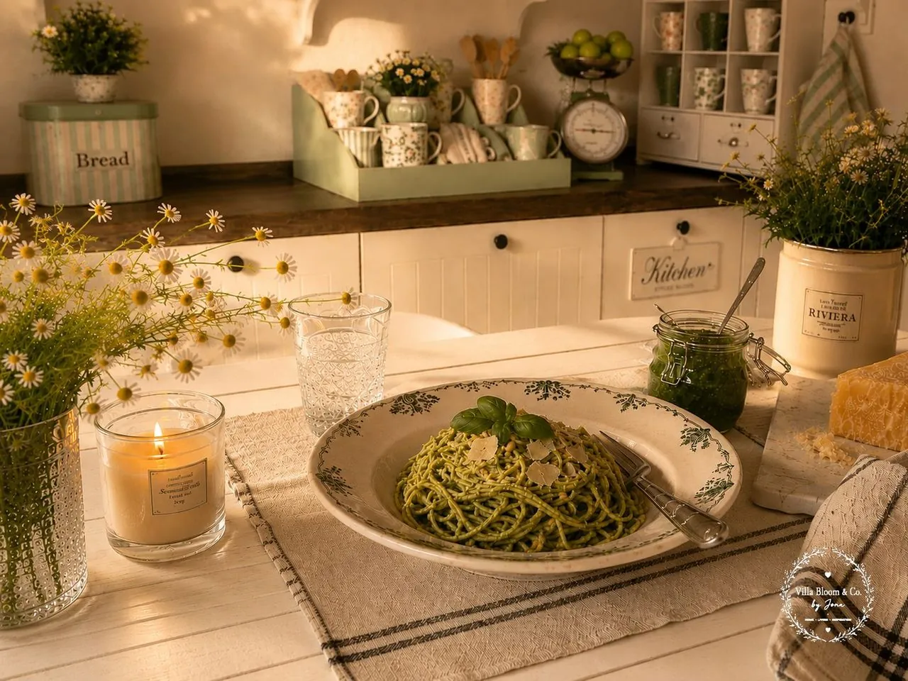 Servierter Teller mit Pasta in Bärlauch-Pesto, Parmesanspänen und Basilikum auf gedecktem Frühlingstisch