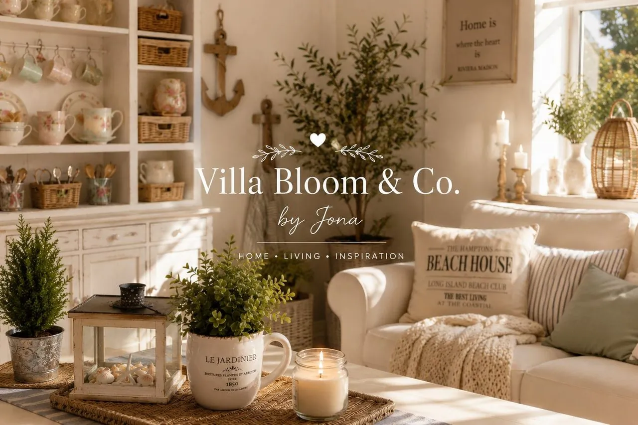 Villa Bloom & Co. by Jona – Stil-Manifest: Wohnzimmer im Landhausstil mit Greengate-Geschirr, Beach House Kissen, Olivenbaum und Riviera Maison Deko