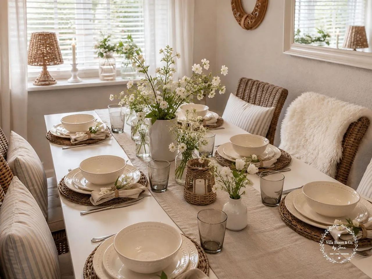 Neutral gedeckter Frühlingstisch im Landhausstil mit cremefarbenem Geschirr, Rattan-Tischsets, Leinen-Tischläufer und weißen Wildblumen in Vase