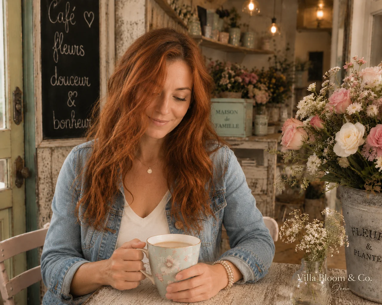 Jona an einem Café-Tisch mit GreenGate Floral-Tasse, vor Café-fleurs-Tafel und Rosenstrauß