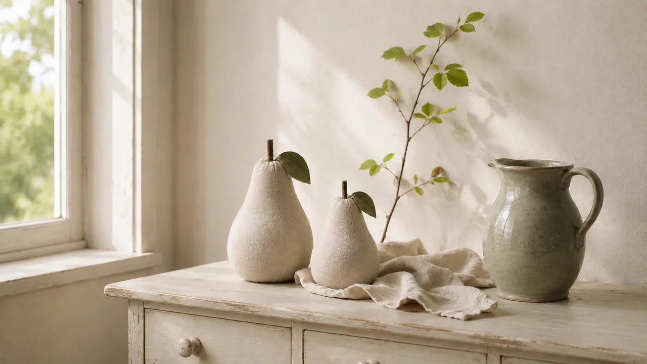 Leinenbirnen in Creme auf heller Kommode mit gr&uuml;nem Zweig &ndash; Sp&auml;tsommer-Deko im Landhausstil