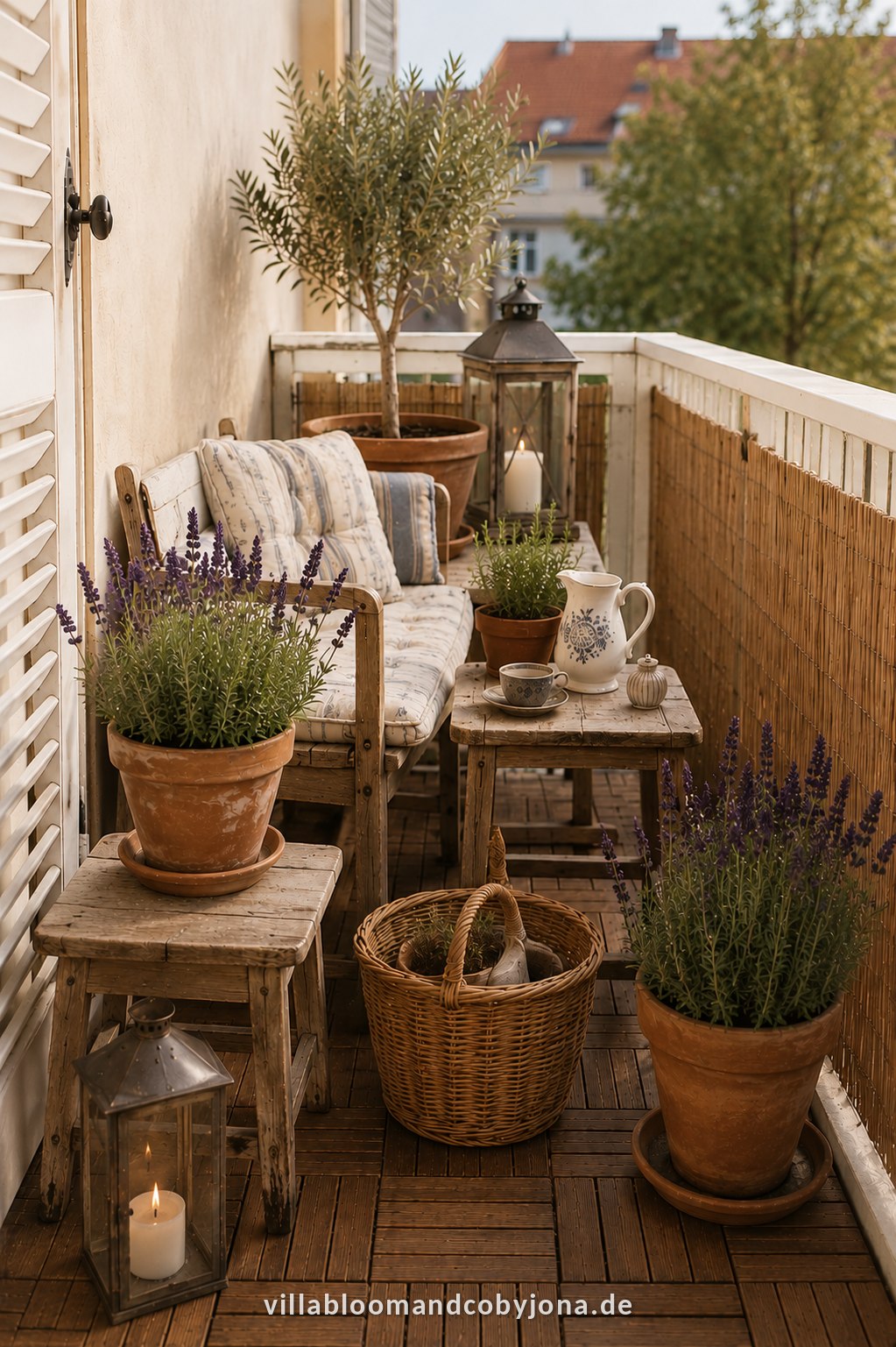 Wooden tiles on the balcony with terracotta pots, lavender and a lantern