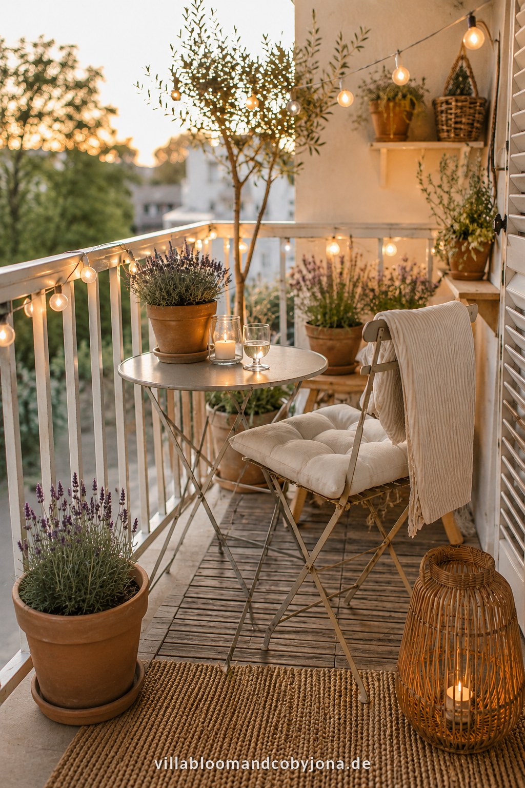 Balkon im Landhausstil mit Terrakotta-Töpfen, Lavendel und Lichterkette bei Abendstimmung