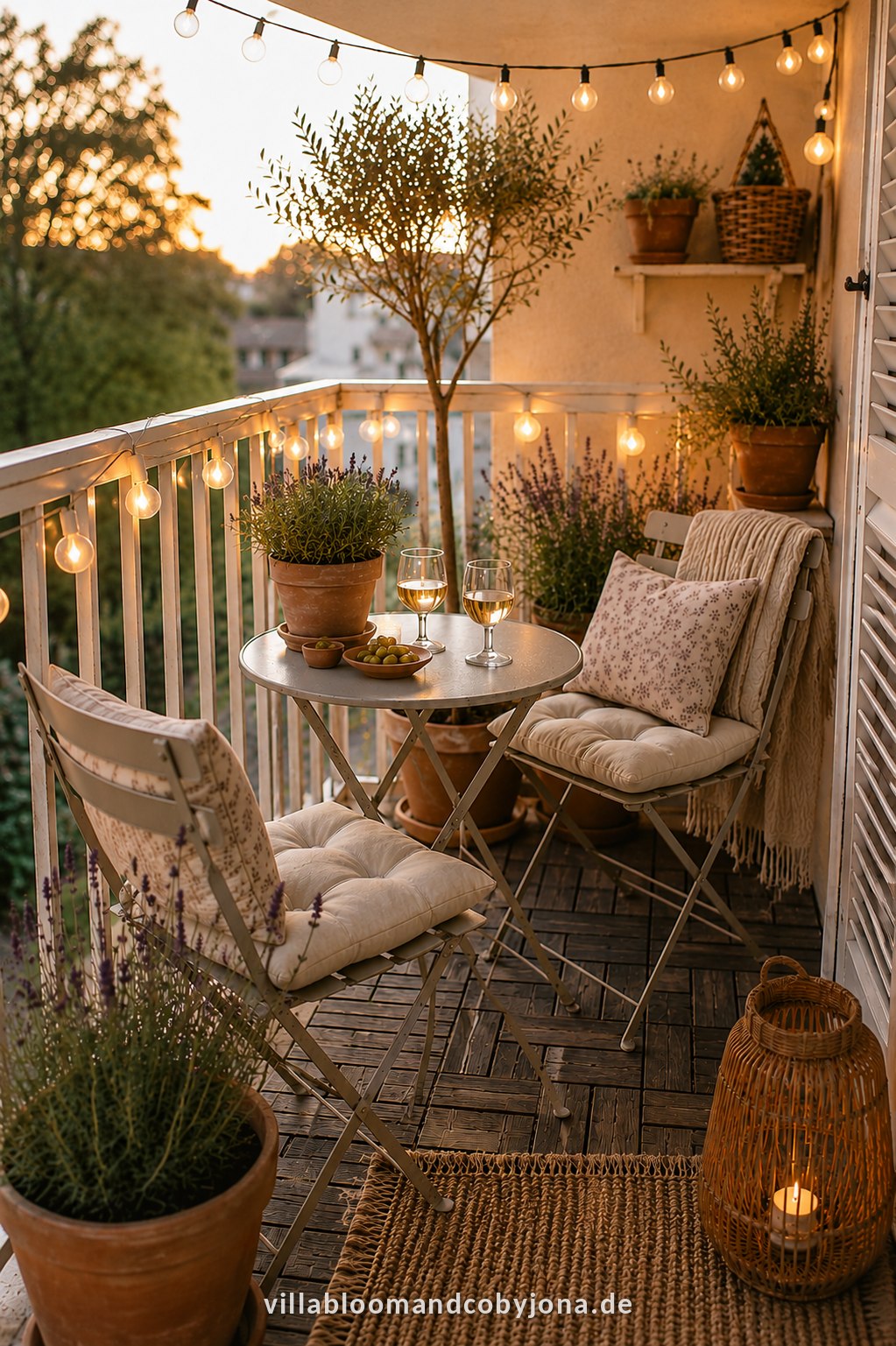 A white country-style bistro set on the balcony with cushions and fairy lights