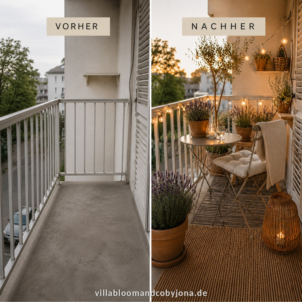 A balcony before and after – from bare concrete balcony to a cosy country balcony