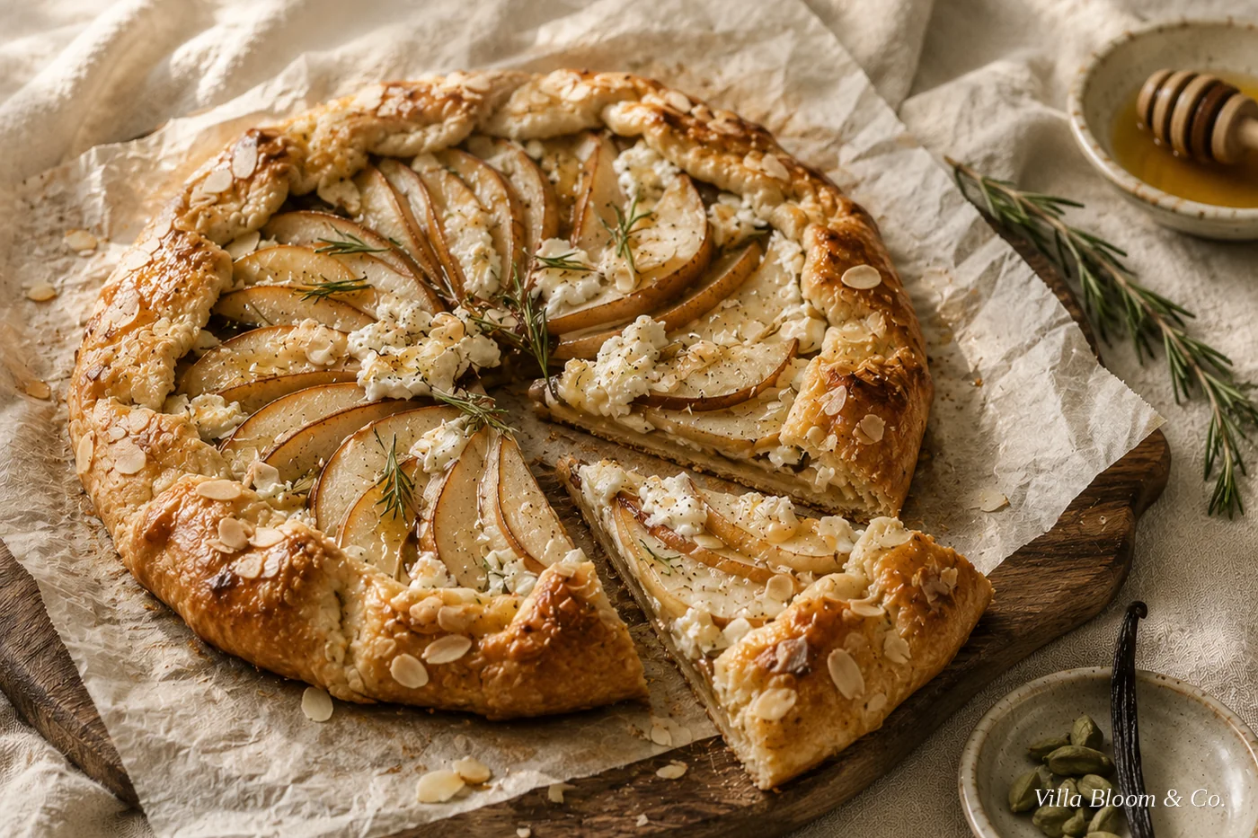 Rustikale Birnen-Rosmarin-Galette mit Ziegenkäse, gefächerten Birnenspalten und Mandelblättchen
