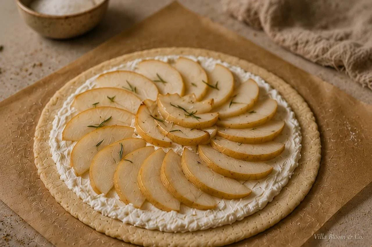 Der Teig ist mit Ziegenfrischkäse bestrichen und mit gefächerten Birnenspalten belegt