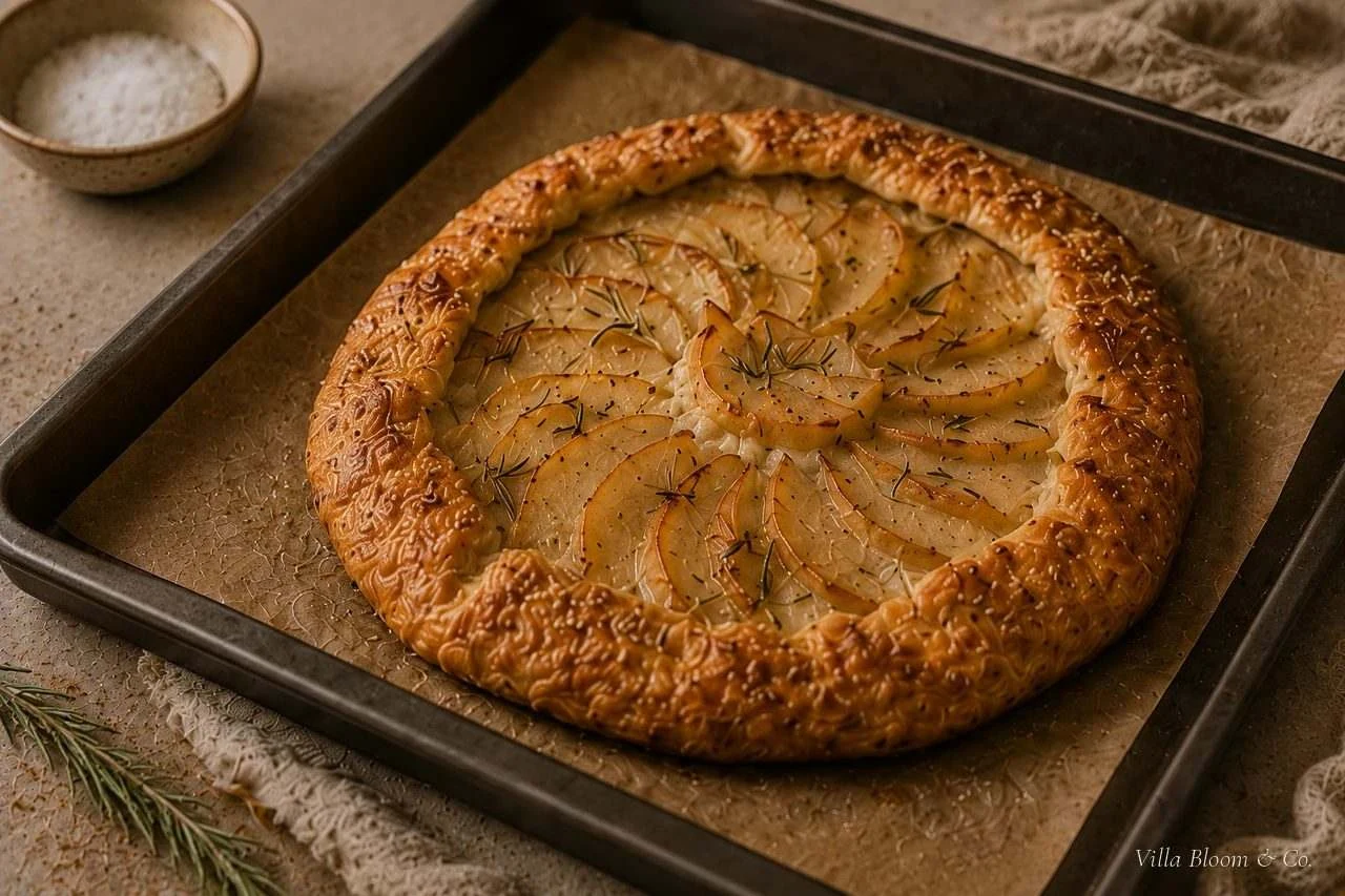 Goldbraun gebackene Galette mit knusprigem Rand auf dem Blech