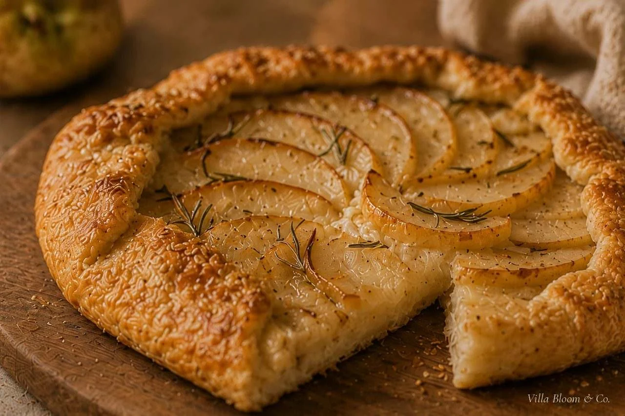 Angeschnittene Birnen-Rosmarin-Galette auf einem Holzbrett
