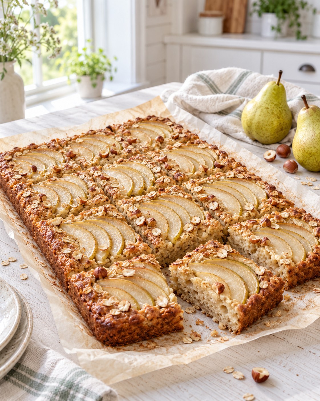 Birnen-Hafer-Kuchen vom Blech mit Birnenfächern und Haselnüssen auf Backpapier