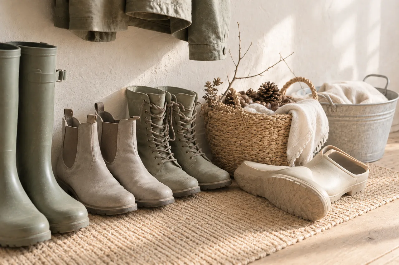 Stiefel, Weidenkorb und Zinkwanne an einer Flurwand aufgereiht