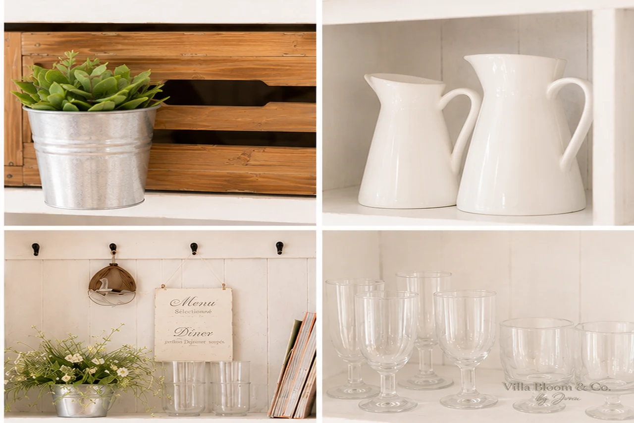 Holzkiste mit Sukkulente, weiße Kannen und Gläser im Buffetschrank-Regal Landhausstil