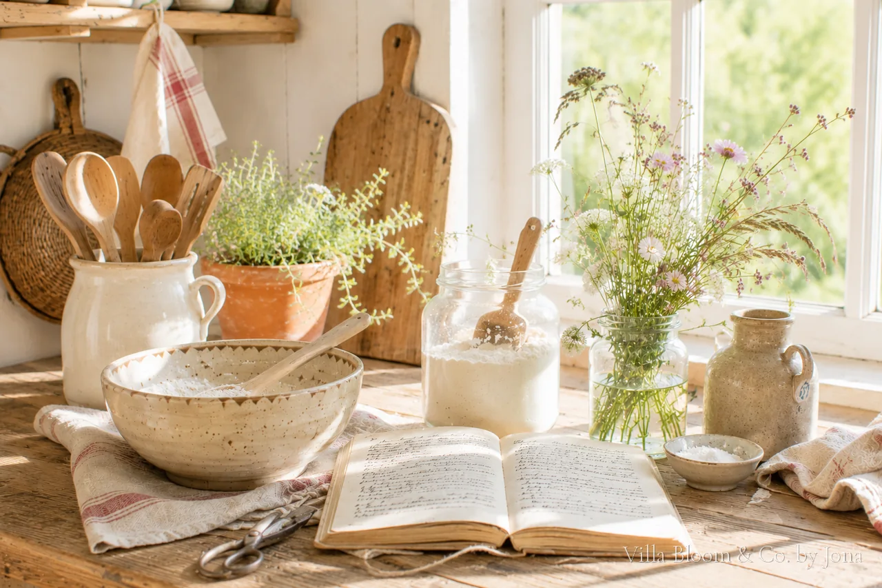 Cottagecore-Küche mit handgemachter Keramikschale, altem Rezeptbuch, Mehl und Wildblumen am Fenster