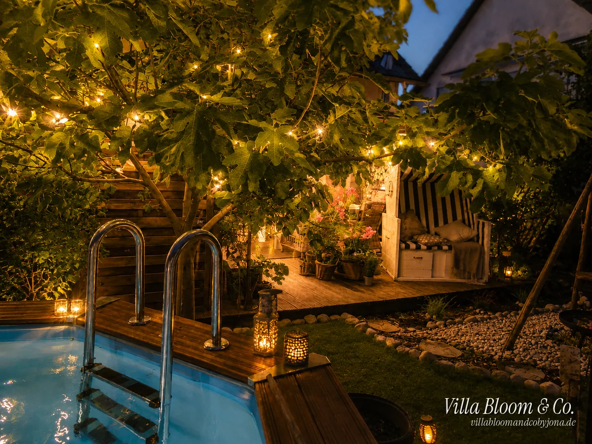 Sommerterrasse am Abend mit Lichterkette im Baum, Laternen und Kerzen am Pool – warmes Licht im Landhausstil