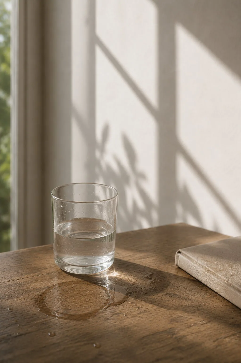 Wasserglas auf gewetzter Holzplatte mit hellem Wasserring, daneben ein Leinenjournal im Sonnenlicht – Ein Tisch zeichnet auf