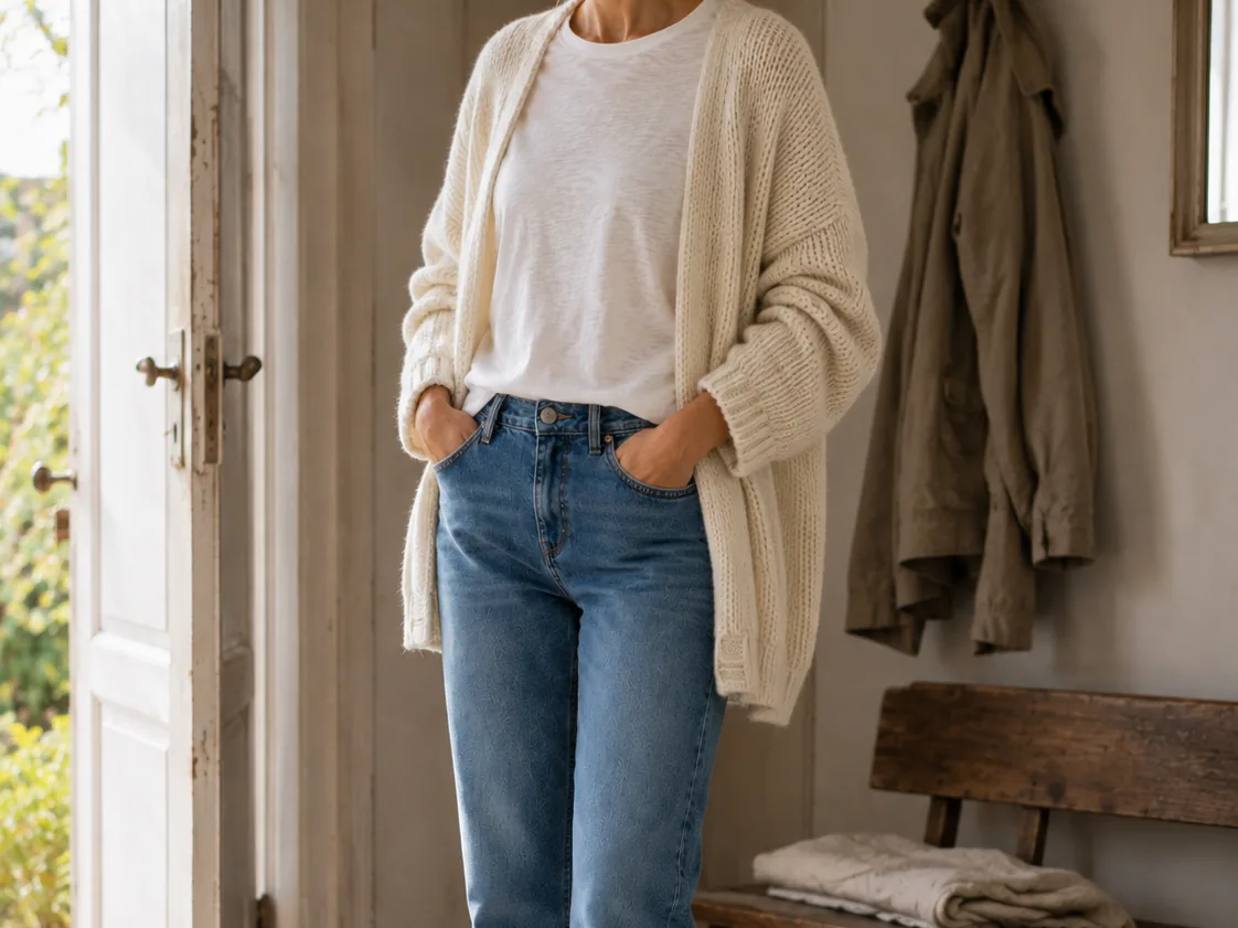 Septemberlook im hellen Flur – mittelblaue Jeans, weißes Shirt, cremefarbener Grobstrickcardigan und taupefarbene Chelsea Boots