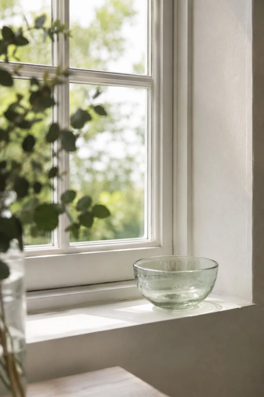Grüne Glasschale auf heller Kalk-Fensterbank, weiches Sonnenlicht und Eukalyptuszweige – Die Spuren des Lebens