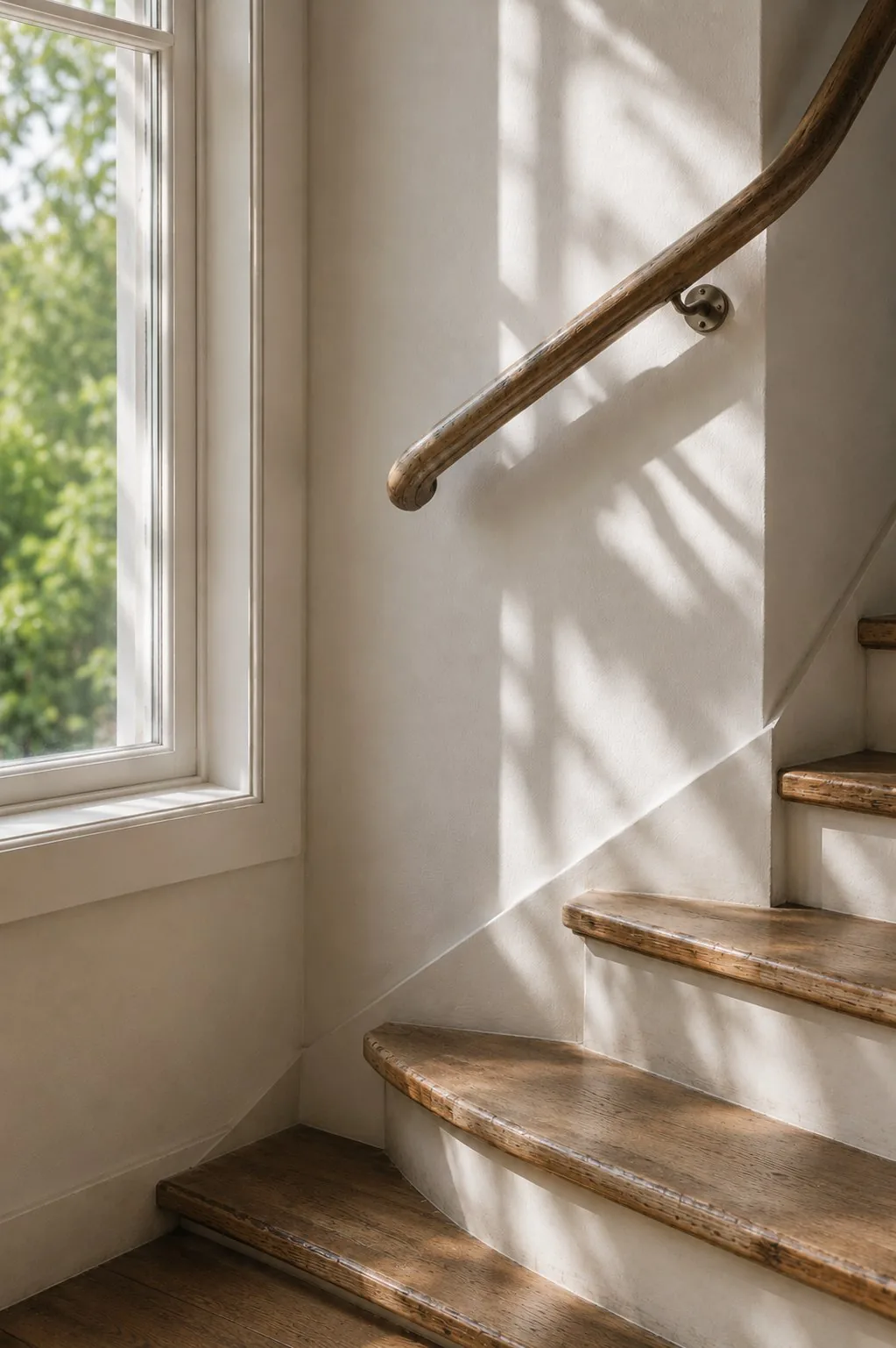 Alte Holztreppe mit durchgetretenen Eichenstufen und blank gegriffenem Handlauf im Fensterlicht – Keine Stufe ist wie die andere