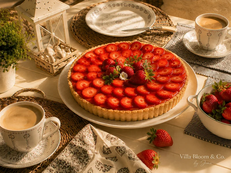 Erdbeerkuchen auf der Terrasse