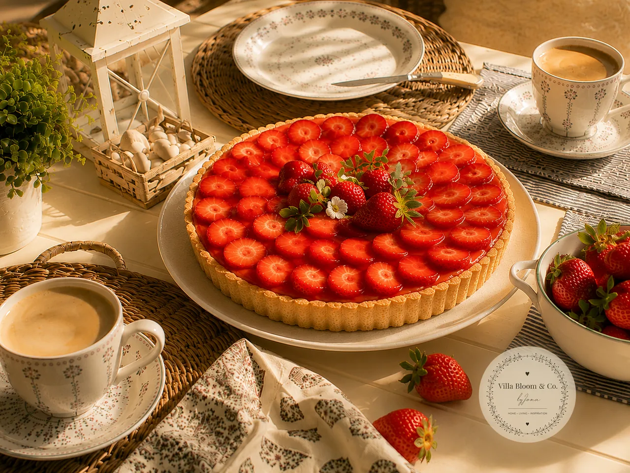 Tarte aux fraises avec des fruits brillants, servie sur la terrasse avec un service à café dans la lumière dorée du soir