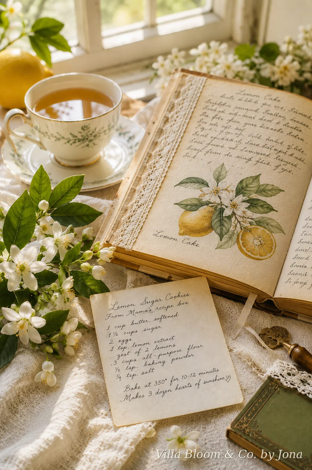 Aufgeschlagenes Rezeptbuch mit Zitronen-Aquarell und handgeschriebenem Rezept, Teetasse und Zitronenblüten – Familienrezepte bewahren