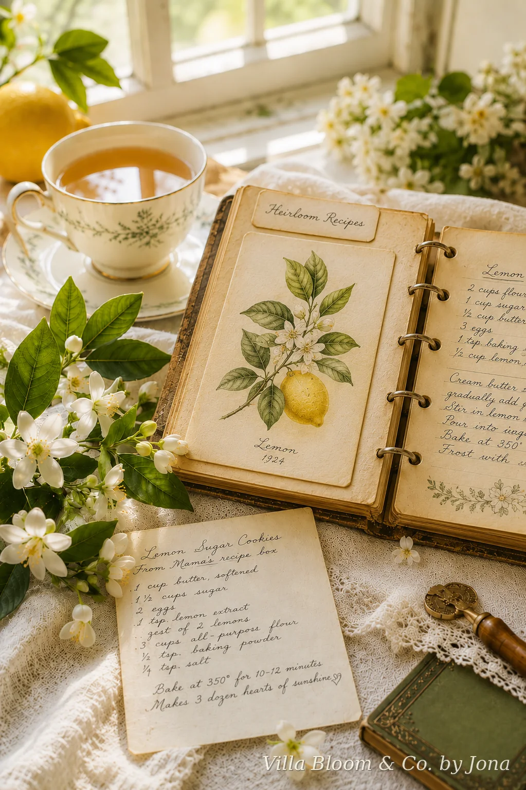 Ringbuch mit der Rubrik Heirloom Recipes, botanischer Zitronenzeichnung und geordneten handgeschriebenen Rezepten