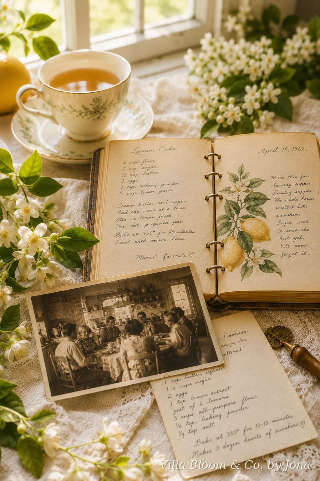 Aufgeschlagenes Familien-Rezeptbuch mit altem Schwarz-Weiß-Familienfoto am Küchentisch und handgeschriebener Rezeptkarte
