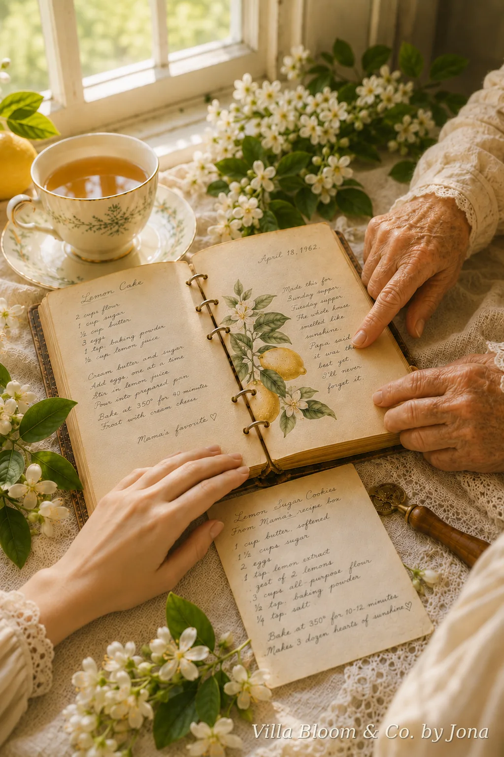 Hände einer älteren und einer jüngeren Frau auf einem aufgeschlagenen handgeschriebenen Rezeptbuch – Familienrezepte über Generationen weitergeben