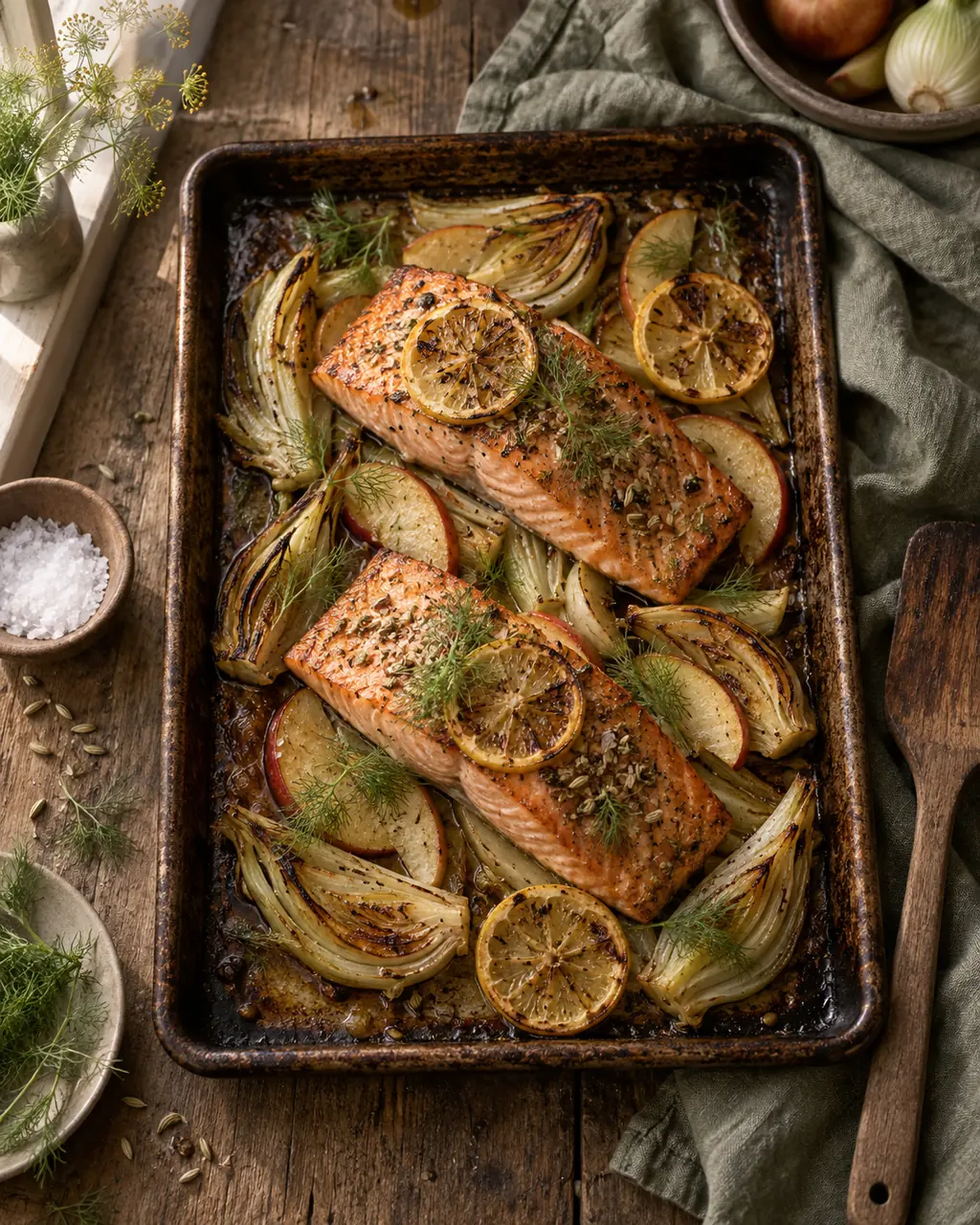 Ofenblech mit Lachsfilet auf gerösteten Fenchel- und Apfelspalten mit Zitronenscheiben