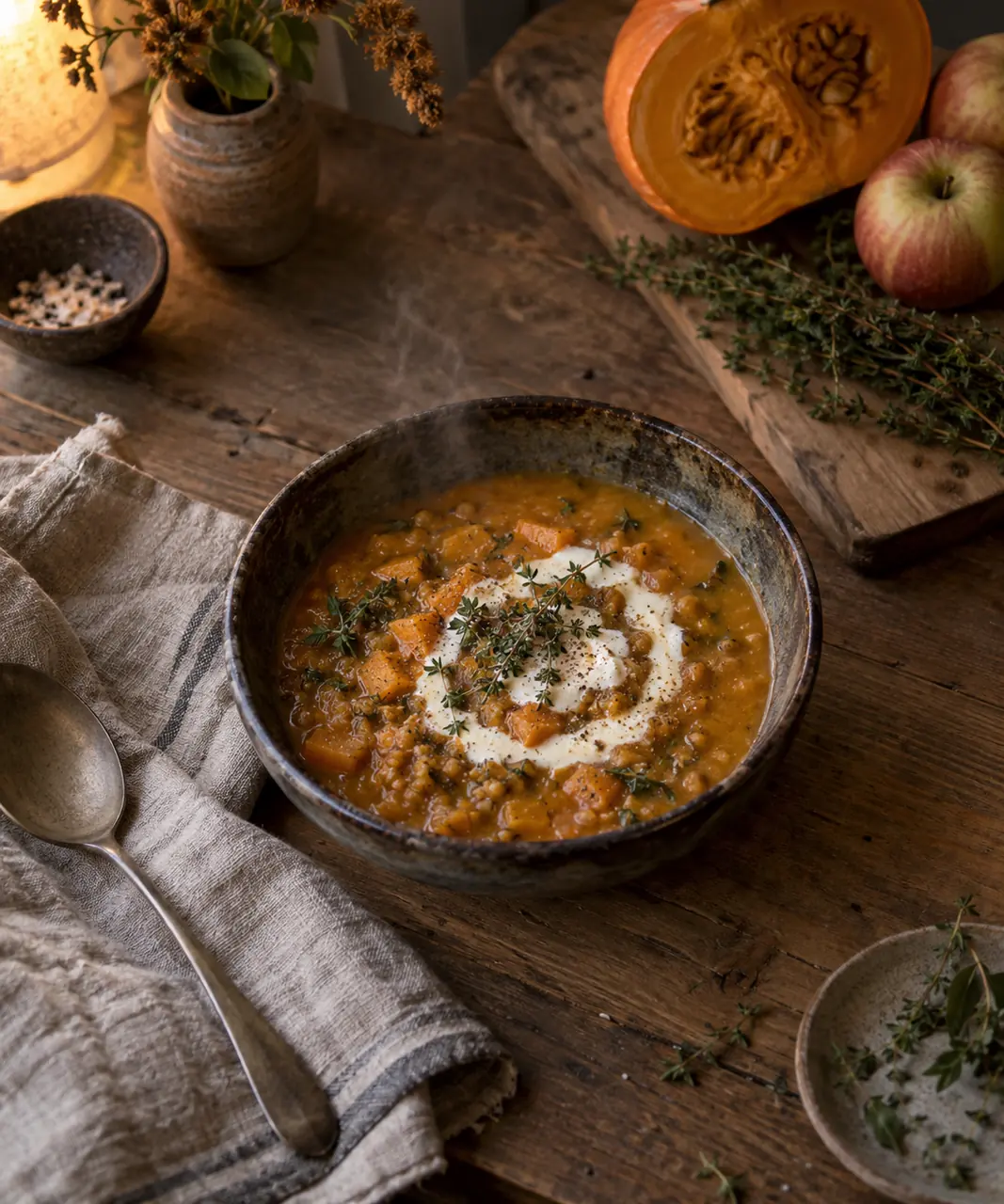 Rote Linsen mit Kürbis, Joghurt und Thymian in dunkler Steingutschale