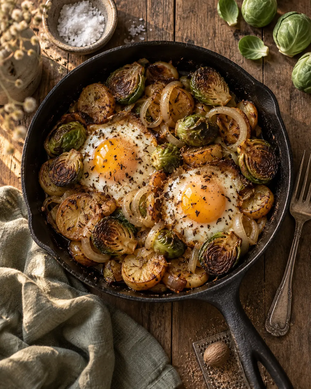Gusseiserne Pfanne mit gebratenem Rosenkohl, Kartoffelscheiben und zwei Spiegeleiern