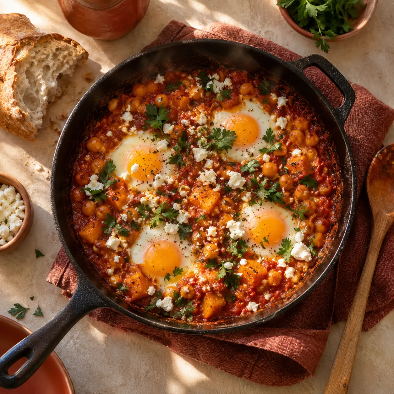 Herbst-Shakshuka mit Kürbis, Kichererbsen und Feta in der gusseisernen Pfanne