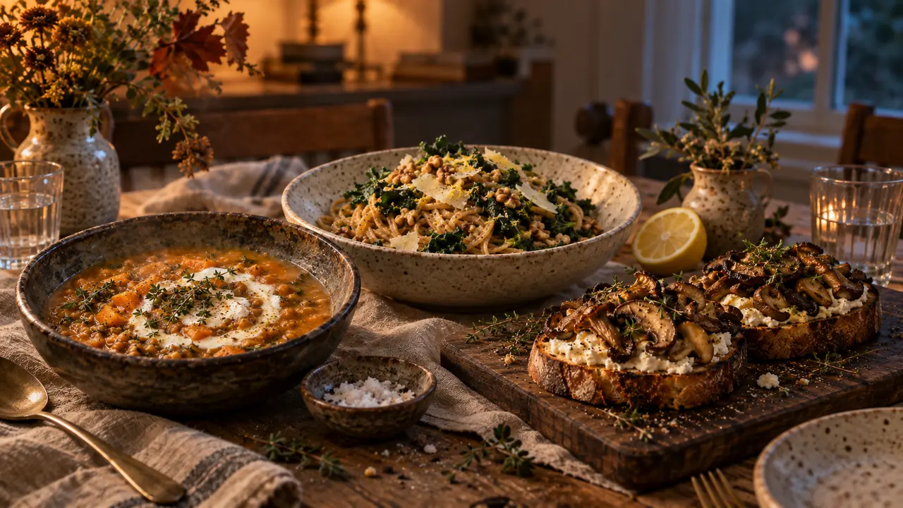 Gedeckter Herbsttisch mit Kürbis-Linsen-Eintopf, Grünkohl-Pasta und Pilzbrot im Kerzenlicht