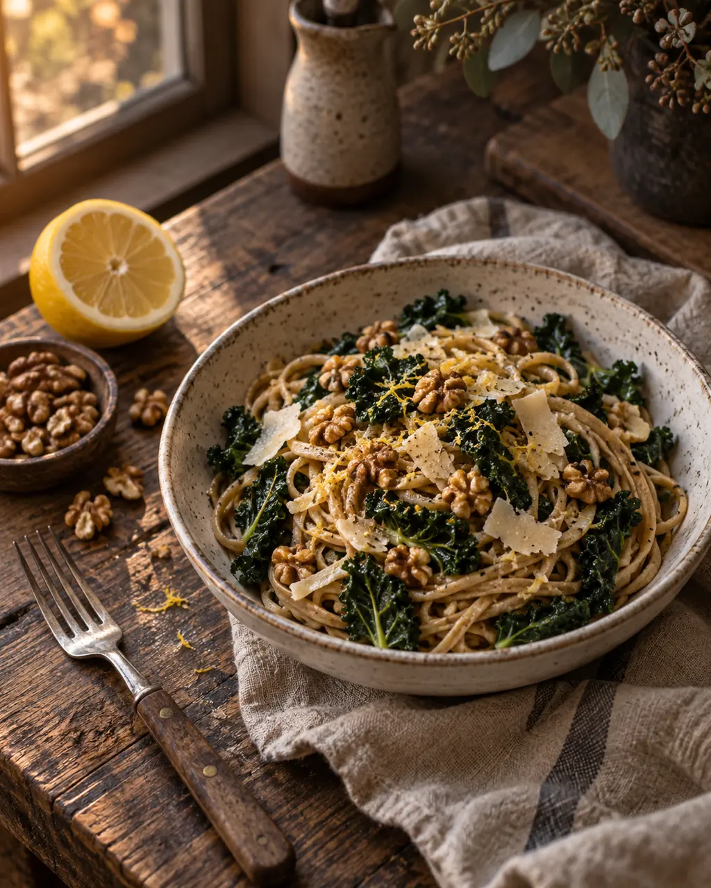 Vollkorn-Linguine mit Grünkohl, Walnüssen und Zitronenabrieb in einer Keramikschale