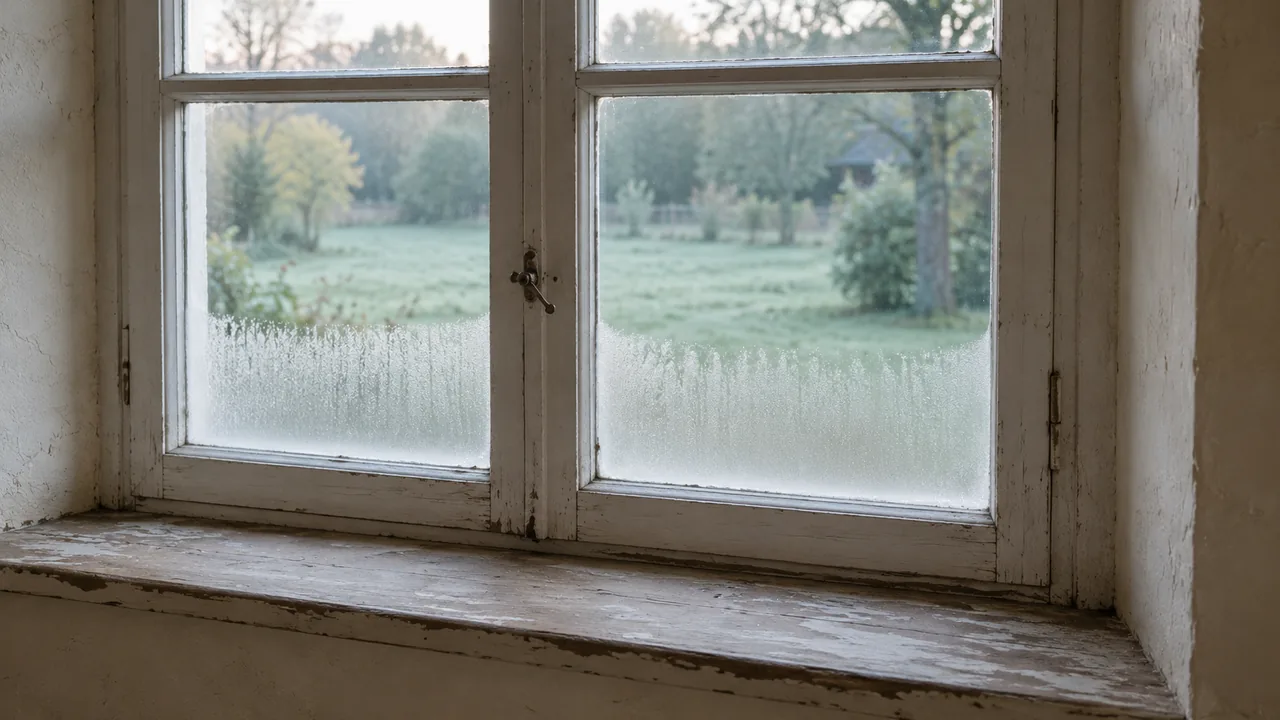 Beschlagenes Fenster am frühen Septembermorgen mit taunassem Garten dahinter