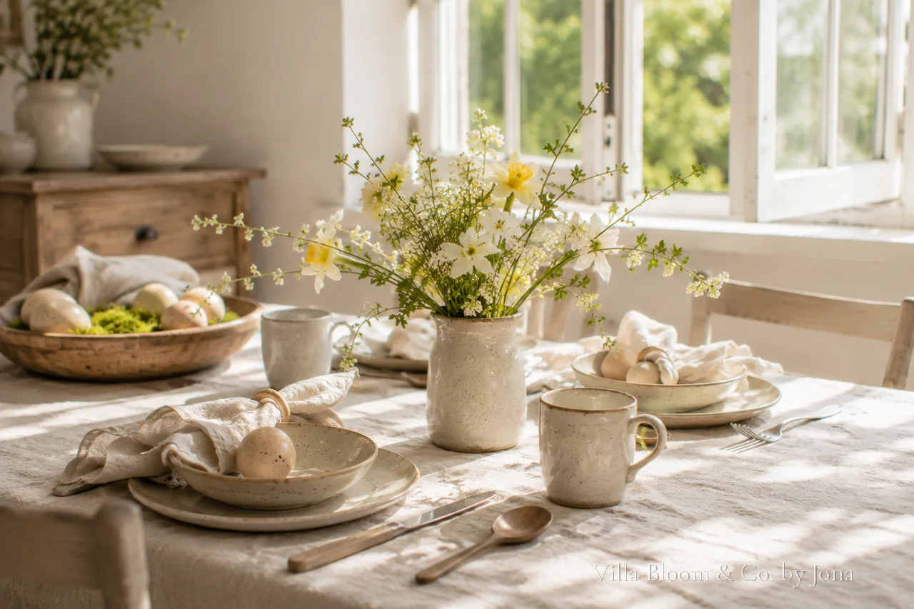 Frühlingshafter Ostertisch im Landhausstil mit Narzissen, Eiern und Leinen