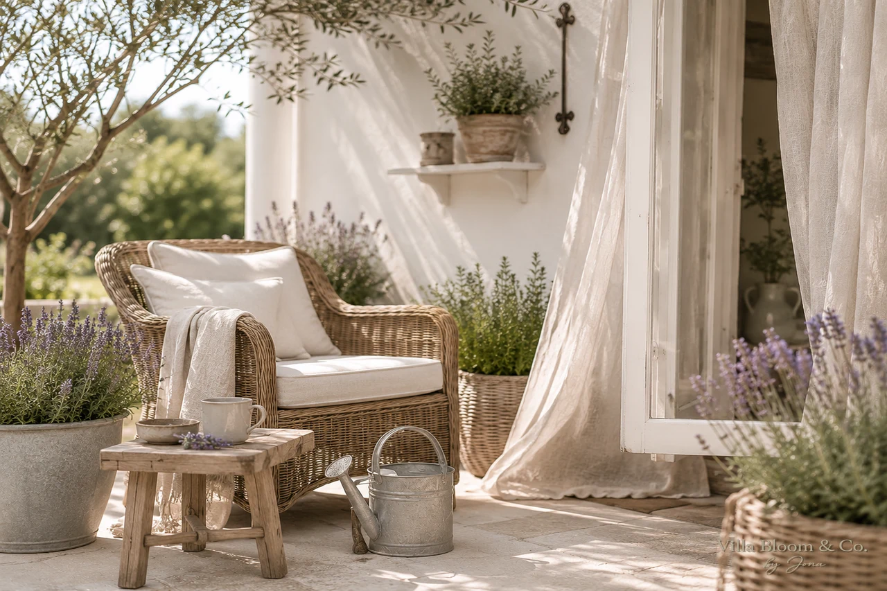 Leinenvorhänge im Landhausstil – Rattanstuhl, Lavendel und wehende Gardine