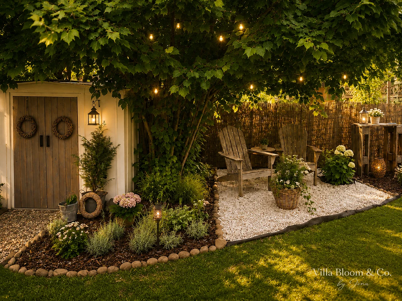 Gemütliche Gartenecke mit Adirondack-Stühlen und Lichterketten am Abend