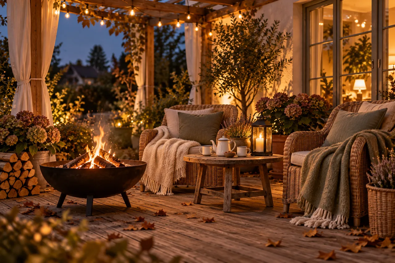 Feuerschale auf einer Holzterrasse in der Dämmerung, daneben zwei Korbsessel mit Wolldecken, eine Laterne und eine Kanne Tee auf dem Tisch