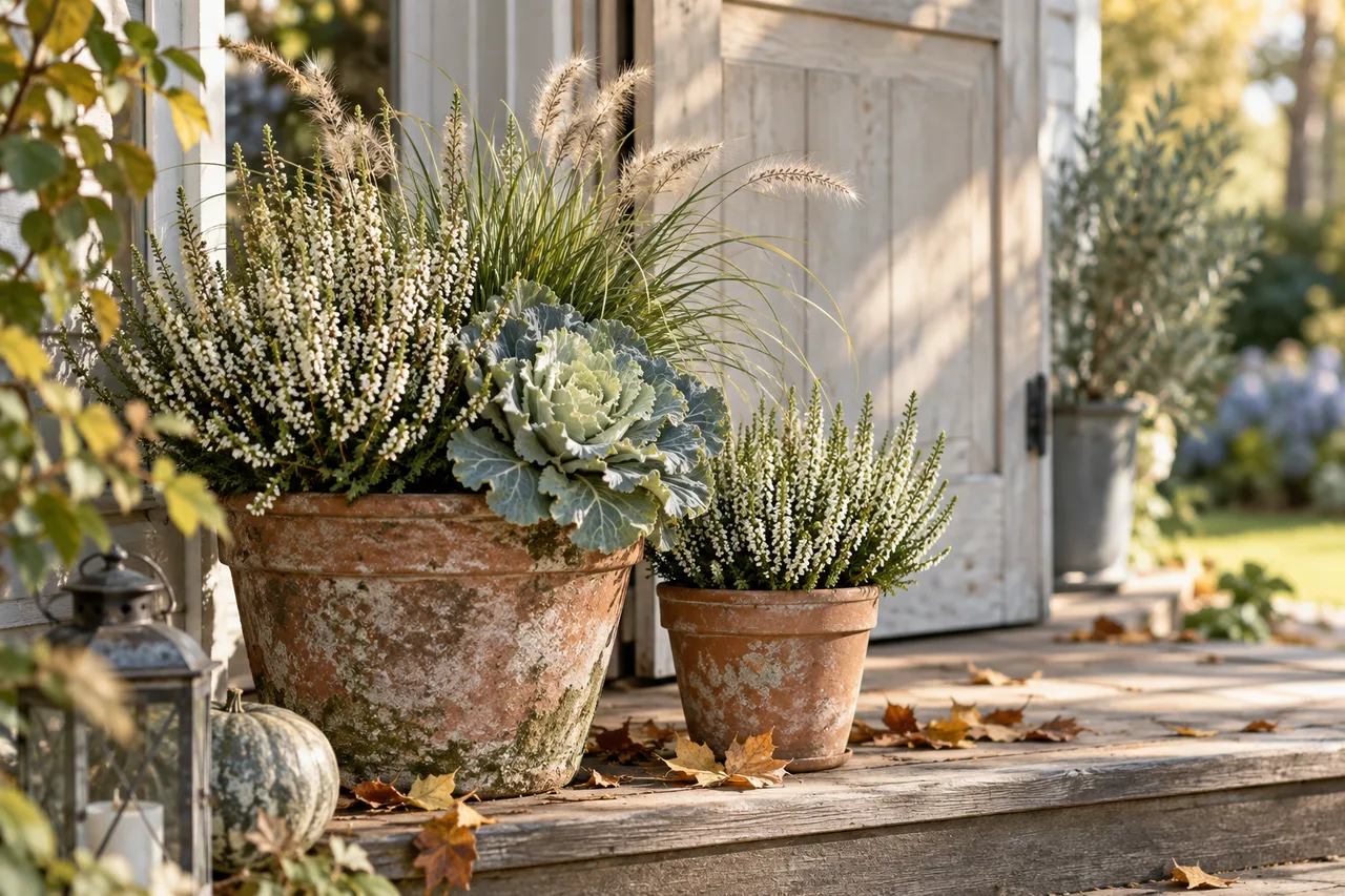 Weiße Heide, ein kleines Ziergras und graugrüner Zierkohl in einem alten Terrakottatopf auf einer Holztreppe