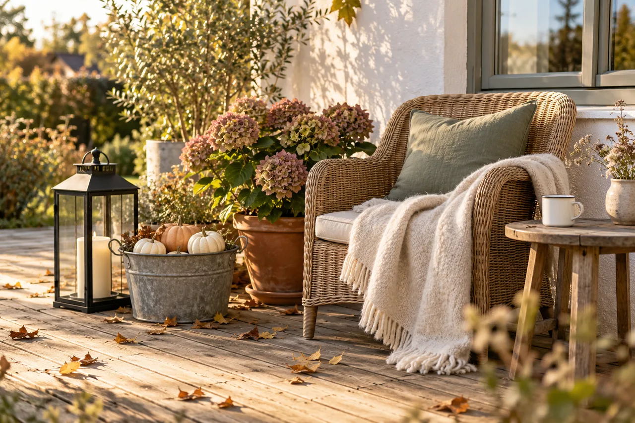 Holzterrasse im Herbst mit Korbsessel, Wolldecke, Laterne und Kürbissen im Zinkeimer